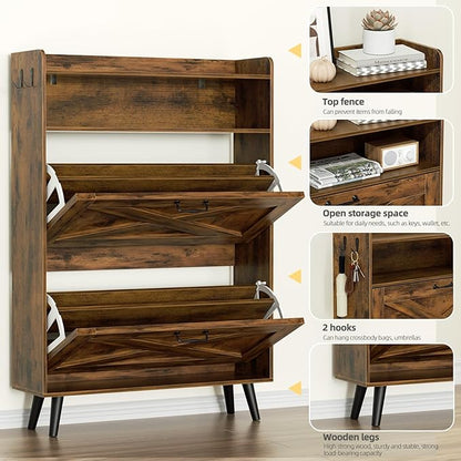 EOYUTLLY Shoe Cabinet with Bench, Entryway Shoe Organizer with 2 Flip Drawers &