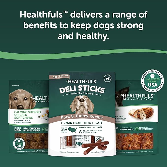 HEALTHFULS Deli Sticks Pork and Turkey Human-Grade Gluten-Free Soft and Chewy Dog Treats, 10 Count Bag