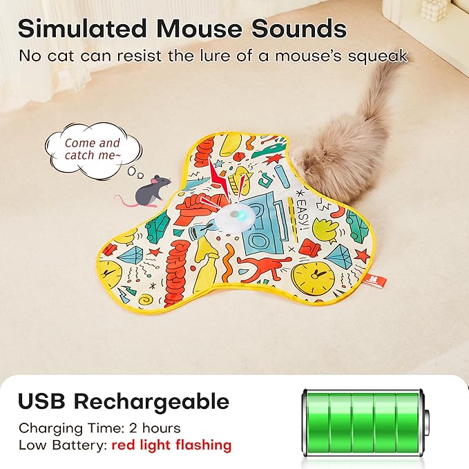 Potaroma Interactive Cat Feather Toys, Hide and Seek Concealed Moving Feather Wand, Rechargeable Touch Activated Indoor Kitten Exercise Kicker, Mouse Squeaky, Graffiti Cover