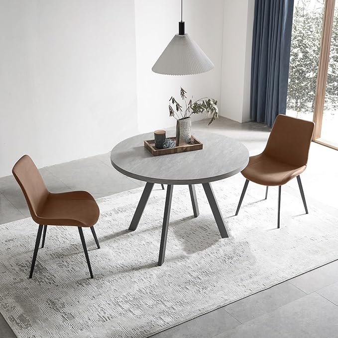 34.6'' Round Dining Table and Chairs for 2, Space Saving Modern Casual Coffee Table Set for Apartment Kitchen Dining Room (Grey Table+2 Brown Chairs)