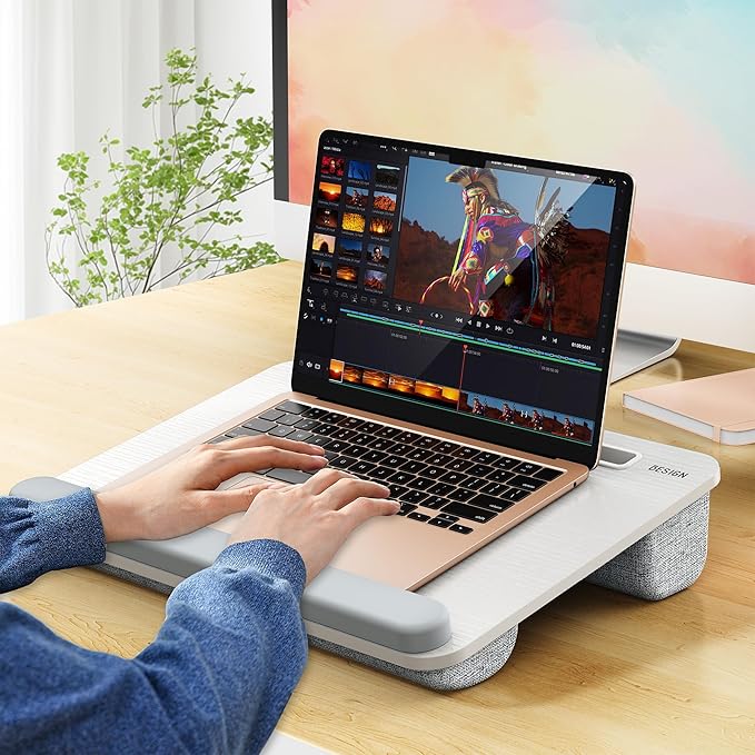Besign LT08 Laptop Stand, Portable Lap Desk with Pillow Cushion, Fits up to 14 inch Laptop, with Anti-Slip Strip for Desk, Sofa & Bed, White and Gray