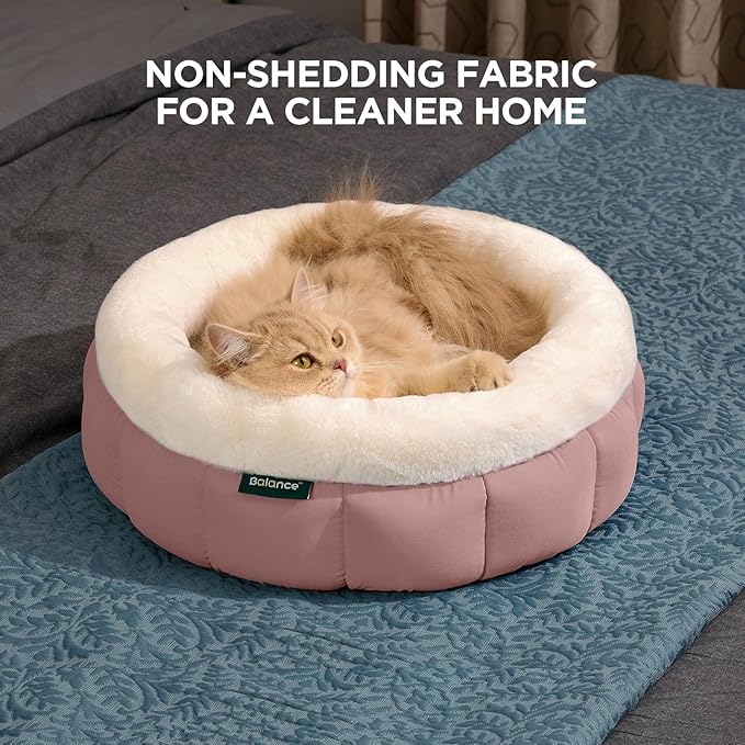 BALANCE Cat Beds for Indoor Cats, Washable Round Cat Bed, Cute Kitten Bed with Anti-Slip Bottom for Kitty and Puppy, 18 Inches, Mellow Rose