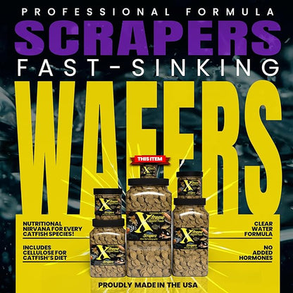 Xtreme Scrapers Wafers - Premium 14mm Fast-Sinking Fish Food – Nutrient & Cellulose Rich Ideal for Nocturnal Feeders, Catfish, Plecostomus Species, and Loaches – USA Farm Grown (2oz)