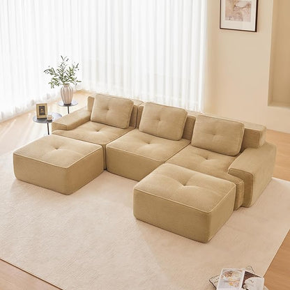 115.3'' Sectional Sofa, 32D Foam Corduroy Boneless Couch with Pillow, Deep Seat Wide Arm Sectional U Shaped Couch for Living Room, Apartment, Bedroom