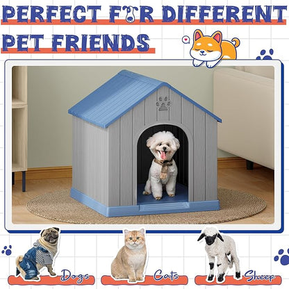 Dog House Outdoor Indoor, Plastic Small Dog House-Weatherproof & Insulated Design with Air Vents & Elevated Floor for Small to Medium Dogs, Easy Clean and Assemble (Blue)