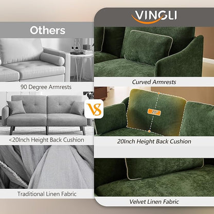 VINGLI 84" W Oversized Comfy Love Seat with Two Seats, Extra Deep Seat Piping Design Loveseat Couch with Two Pillows, Linen Fabric Modern Small Sofa for Small Living Room, Apartment, Bedroom, Green