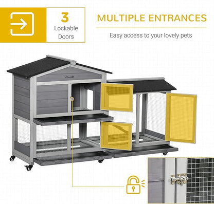 PawHut 62" Rabbit Hutch, Wooden Bunny Hutch, Guinea Pig Cage, Small Animal Enclosure with Wheels, Run Area, Removable Tray, Asphalt Roof, Lockable Doors and Ramp, for Rabbits, Chickens, Ducks, Gray