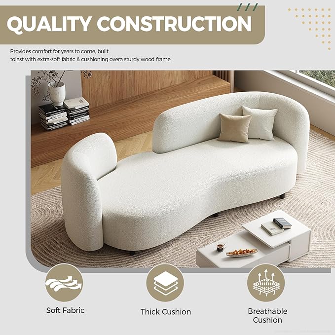 Sherpa Curved Loveseat Sofa, Modern Upholstered Couch with Solid Wood Frame, Thick Foam Cushion, Compact Comfy Sofa for Apartment, Living Room or Office – Ivory White