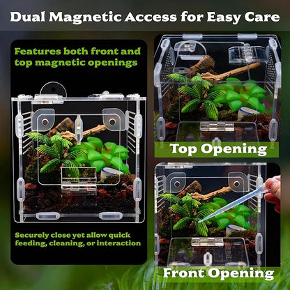 Jumping Spider Enclosure, Small Reptile Terrarium for Tarantula Hermit Crab Praying Mantis, Acrylic Insect Habitat with Magnetic Front & Top Opening (4.52" x 4.52" x 4.52")