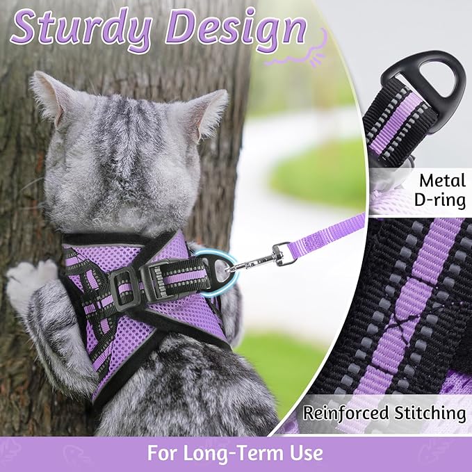 rabbitgoo Cat Harness and Leash Set for Walking Escape Proof, Adjustable Soft Kittens Vest with Reflective Strip for Cats, Comfortable Outdoor Vest, Light Purple, M