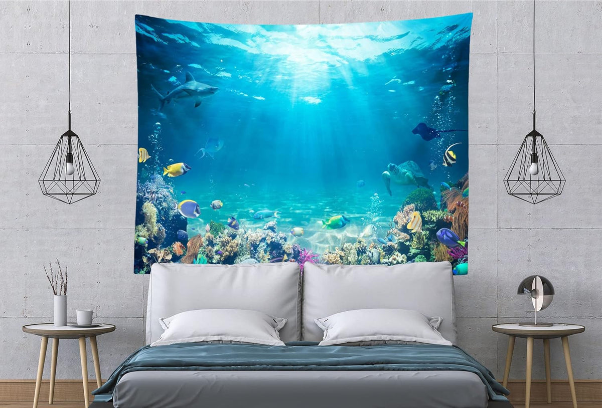 Loccor Underwater World Tapestry Blue Ocean Wall Hanging Under the Sea Coral Reef Wall Tapestry 80X60 Inches Tropical Fish Tank Undersea Tapestries Marine Wall Art for Bedroom Living Room Dorm Decor