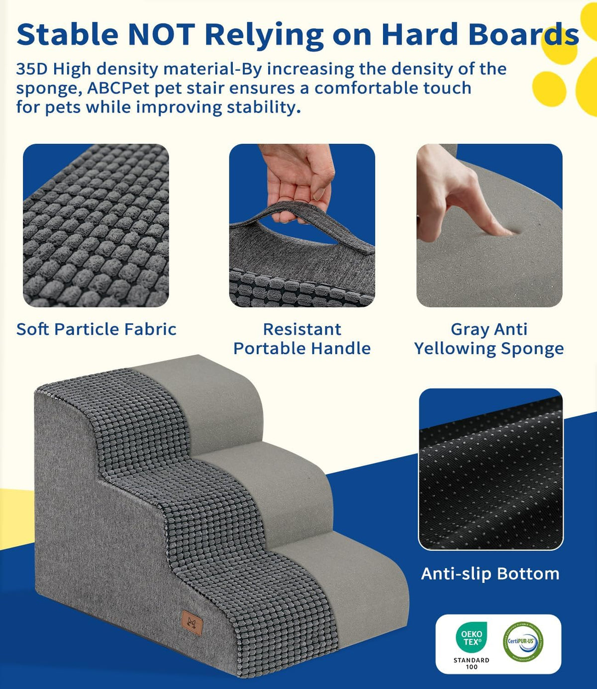 Dog Step for Bed, Dog Stair 3-Step 35D Pet Stair 15.7" H for High Bed or Sofa Non-Slip Balanced Pet Step Indoor, Grey