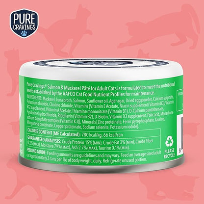 Pure Cravings Salmon and Mackerel Pate, Canned Wet Cat Food, 100% Mercury-Tested, Moist Can Fish, Grain-Free Protein, Non-GMO, 12 Pack