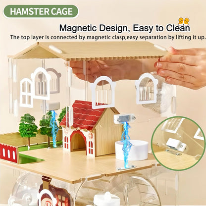 17 in 1 Clear Acrylic Hamster Cage with All Accessories,13.5''L* 10''W* 21''H Dwarf Hamster Cage,Magnetic Connection Small Hamster Enclosure,Garden Style Wooden Mouse Cage for Pet Mice(3-Layer,White)