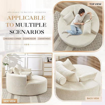 JEEOHEY Modern Round Accent Sofa Chair for Living Room, Upholstered Chenille Barrel Lounge Arm Chair with Large seat&Throw Pillows for Bedroom, Office, Apartment, Beige