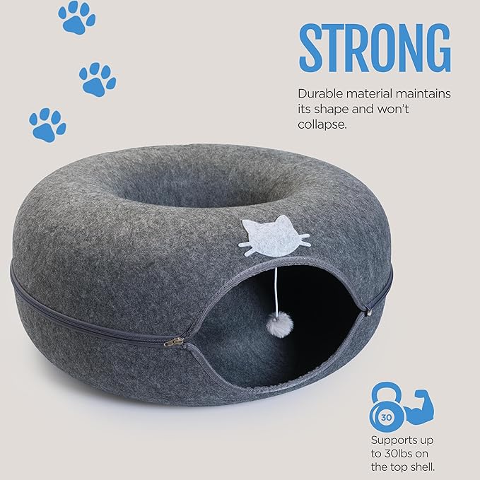 Meow Mansion Large Cat Cave Donut - Cat Tunnel; up to 30lbs - 3 Toy Balls & Hanging Ball Included - Scratch Resistant, Detachable and Cleanable Cat Donut Bed