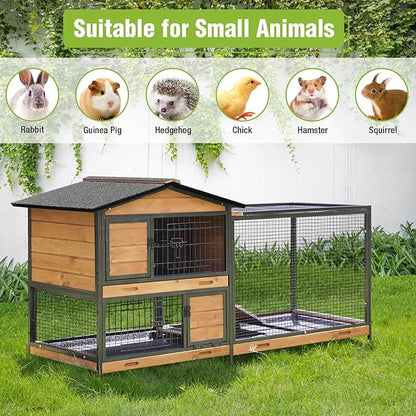 Large Rabbit Hutch Indoor Outdoor, Wooden Rabbit Cage with Chewproof Metal Frame, 62'' Mobile Bunny Cage with Wheels, Pull-Out Tray, Waterproof Roof, Guinea Pig Habitat (Orange)