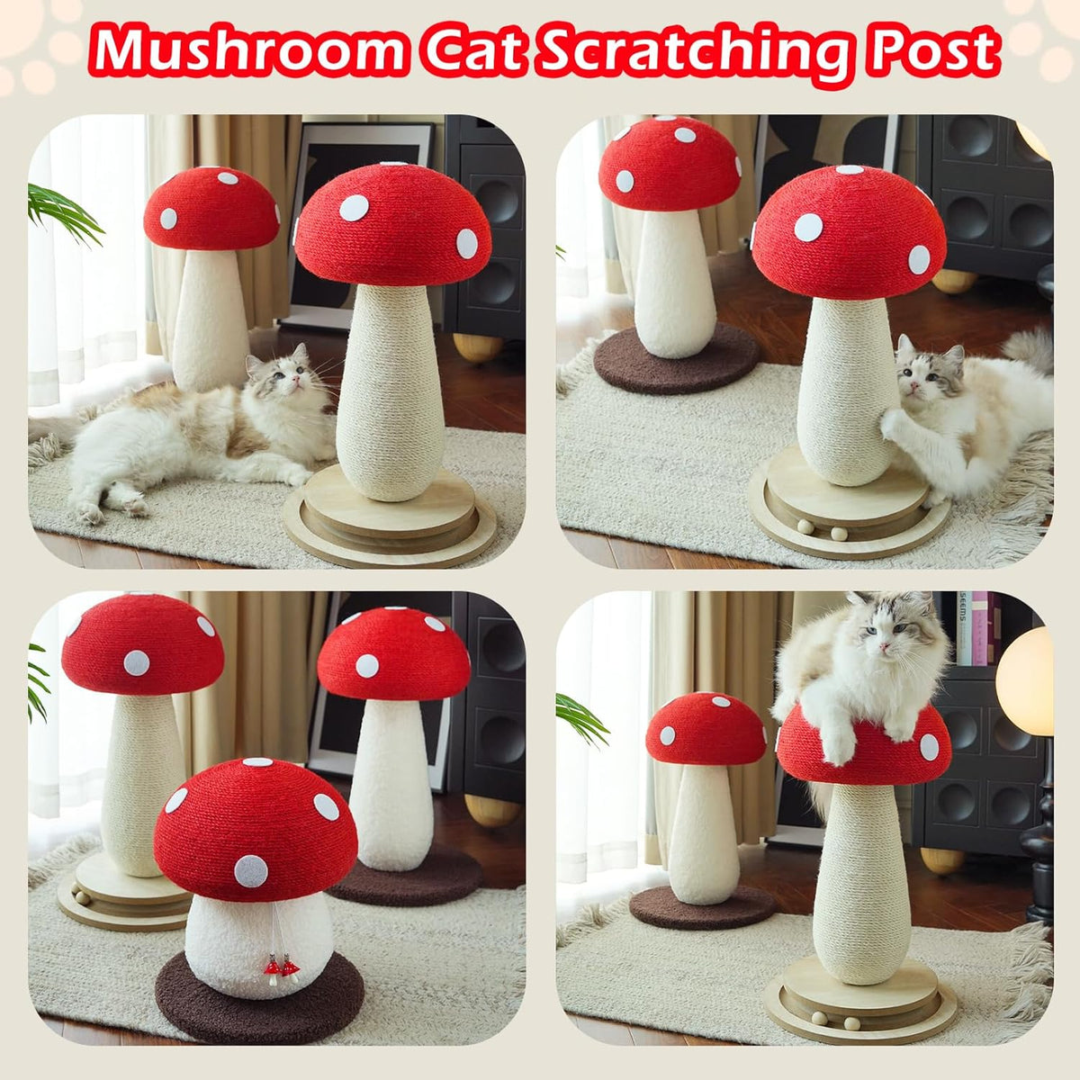 Cat Scratching Post Mushroom Cat Tree with Natural Sisal, Weighted Base & Interactive Ball - for Kittens to Adult Cats - Perfect for Indoor Cats (Red, Large 21 in, 7)