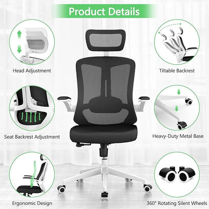 balmstar Office Chair,Ergonomic Comfy Home Desk Chair with 350LBS Capacity,High Back Gaming Chair with Wheels,Mesh Computer Chair,Lumbar Support, Adjustable Headrest,Flip-up Armrest (B-Black + White)