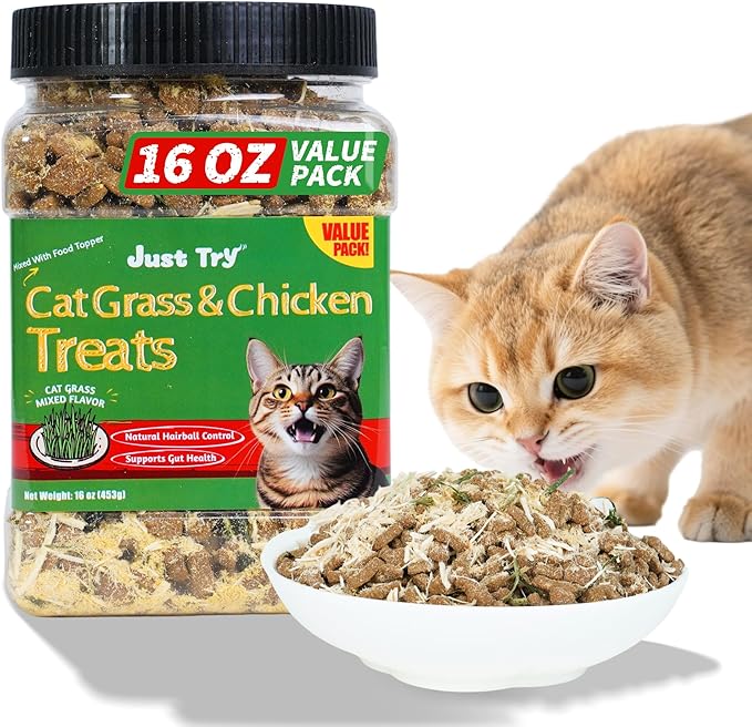 Just Try 16 OZ Cat Grass Jerky Treats for Indoor Cats Natural Chicken Healthy Cat Snacks Training Biscuits Hairball Control & Digestive Aid for Cats