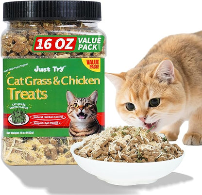 Just Try 16 OZ Cat Grass Jerky Treats for Indoor Cats Natural Chicken Healthy Cat Snacks Training Biscuits Hairball Control & Digestive Aid for Cats