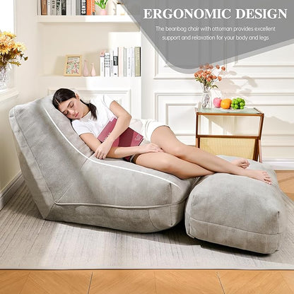 Cvortll Bean Bag Chair with Ottoman, Comfy Bean Bag Sofa with Memory Foam, Lazy BeanBag Sofa with Footstool, Fireside Bean Bag Couch for Living Room, Bedroom, Apartment (Gray)
