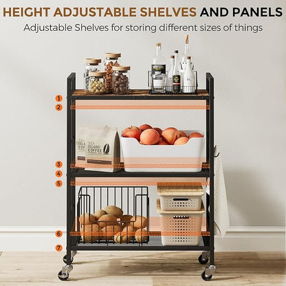 XIVIRACK 3-Tier Metal Storage Rack with Industrial Wheels,Mesh Shelving Unit with Wooden Table top,Adjustable Shelf,23.6-Inch Width,15.8-Inch Depth, for Kitchen, Laundry,Pantry,Plant,Black