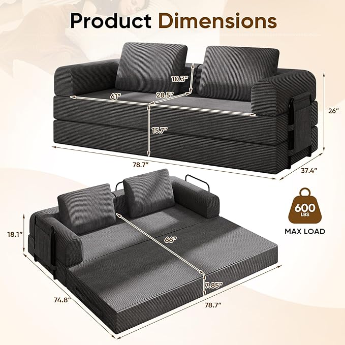 Antetek Convertible Sofa Bed, Comfy Corduroy Fluffy Love seat Sleeper Sofa, 5 in 1 Folding Couch Bed, Fold Out Floor Couch with Pillows for Bedroom, Living Room, Office, Pinstripe, Grey