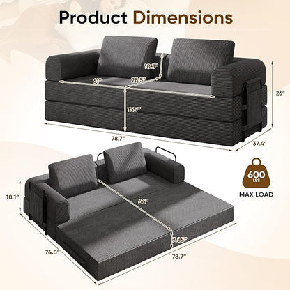Antetek Convertible Sofa Bed, Comfy Corduroy Fluffy Love seat Sleeper Sofa, 5 in 1 Folding Couch Bed, Fold Out Floor Couch with Pillows for Bedroom, Living Room, Office, Pinstripe, Grey