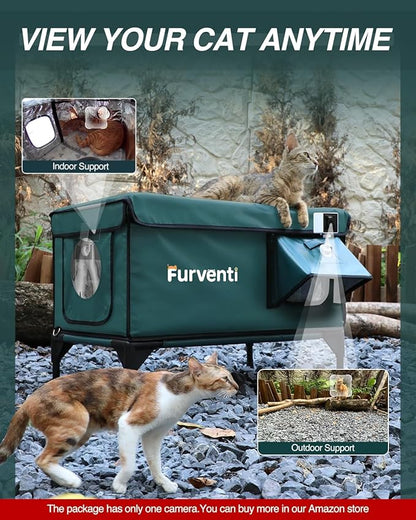 Outdoor Heated Cat House in Winter,Extremely Insulated & Weatherproof,Elevated Feral Cat Shelter with Waterproof Eaves & Escape Door for Outside Stray Barn Cat (Dark Green, L with Cam)