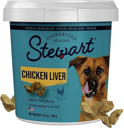 Stewart Chicken Liver Dog Treats, 11.5 oz, ~215 Pieces, Freeze Dried Raw, Single Ingredient, 60% Protein Training Treats or Meal Topper in a Resealable Tub, Grain Free, Gluten Free