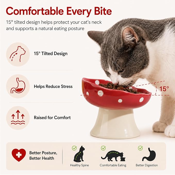 Red Mushroom Cat Bowl, Elevated Ceramic Bowl for Cats | Cute Mushroom, Elevated, Ceramic, Whisker Friendly, Wide Opening, Stable, Easy Clean