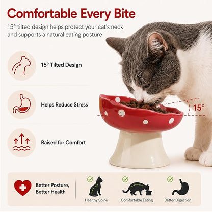 Red Mushroom Cat Bowl, Elevated Ceramic Bowl for Cats | Cute Mushroom, Elevated, Ceramic, Whisker Friendly, Wide Opening, Stable, Easy Clean