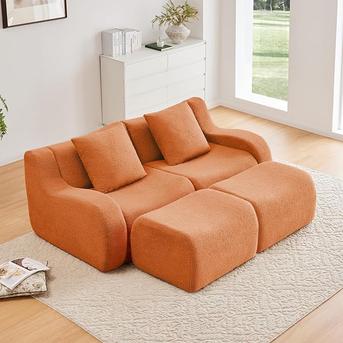 Orange Modular Cloud Couch Loveseat with 2 Ottomans, Modern Teddy Fabric Boneless Sectional Sofa in a Box for Living Room, Deep Seat Floor Couch, No Assembly Required, Sofas para Sala