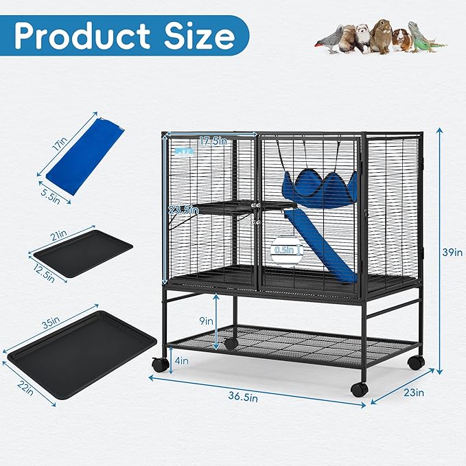HABUTWAY 40''H Large Metal Rolling Ferrets Cage, 2-Tiers Small Animal Cages, Cage for Rats/Chinchillas, 0.5'' Bar Spacing for Ferret,Small Animal Cage w/Removable Ramp & Platform
