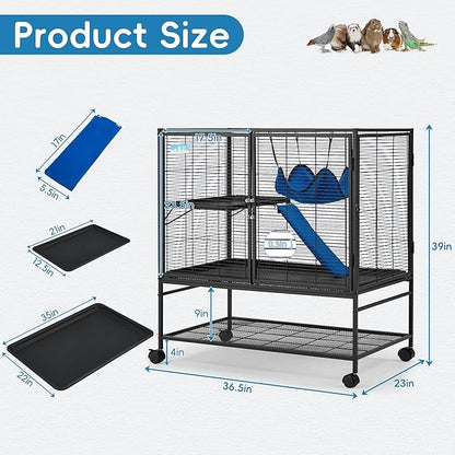HABUTWAY 40''H Large Metal Rolling Ferrets Cage, 2-Tiers Small Animal Cages, Cage for Rats/Chinchillas, 0.5'' Bar Spacing for Ferret,Small Animal Cage w/Removable Ramp & Platform