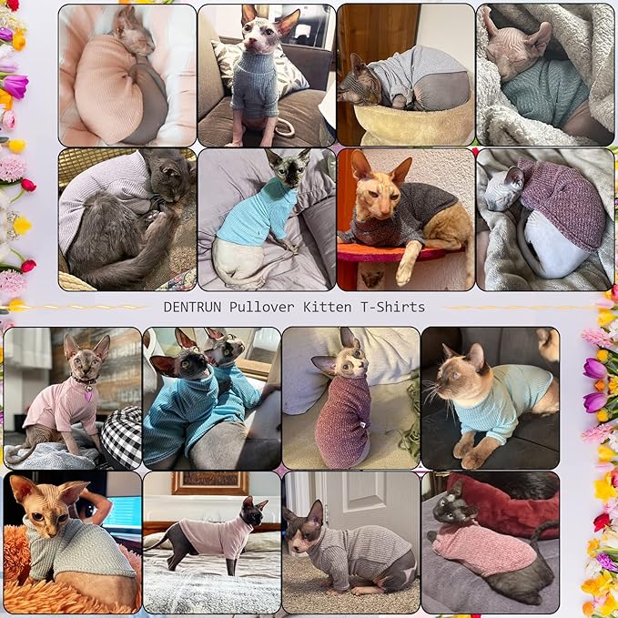 DENTRUN Sphynx Hairless Cats Shirt Pullover Kitten T-Shirts, Breathable Cat Wear Turtleneck Sweater Adorable Cat's Clothes Vest Pajamas Jumpsuit