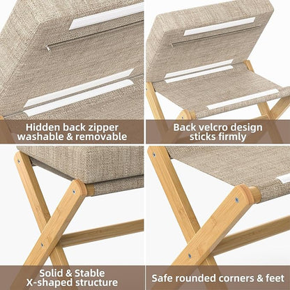 Foldable Foot Stool Ottoman, Modern Foot Rest with Bamboo X Legs & Thick Foam Cushion, Folding Foot Stools Small Padded for Bedroom Living Room, Footstool for Chair Couch (Natural - Brown)