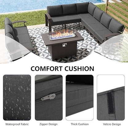 RTDTD Aluminum Outdoor Patio Furniture Set,11 Seats Patio Conversation Sets with 45" Propane Fire Pit Table,Metal Patio Sectional Furniture Set with 5.1" Thickened Cushions,Grey
