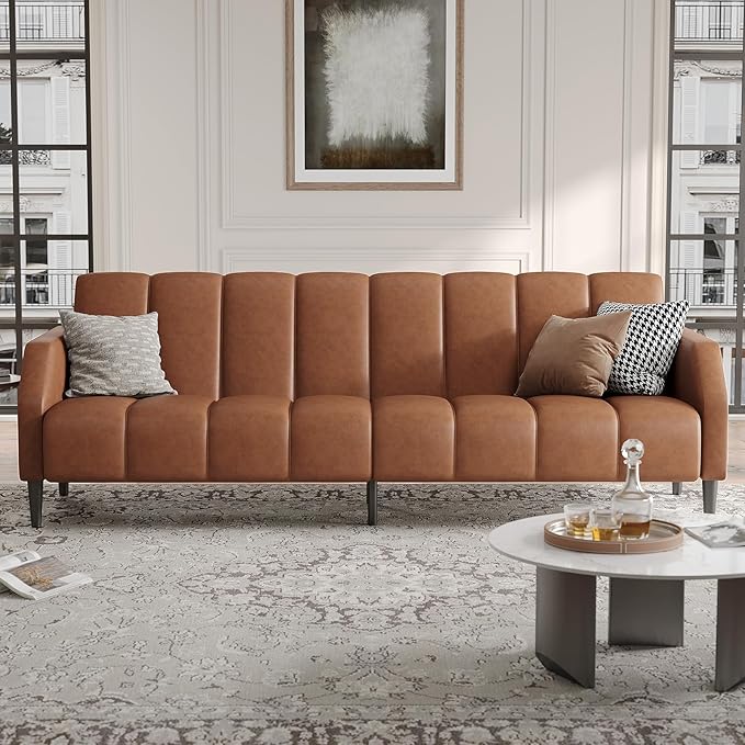 Fadware Faux Leather Couch, Convertible Futon Sofa Bed with Adjustable Backrest, Mid Century Leather Sofa Loveseat with Side Pockets& Metal Leg, Modern Leather Sleeper Sofa for Living Room Bedroom