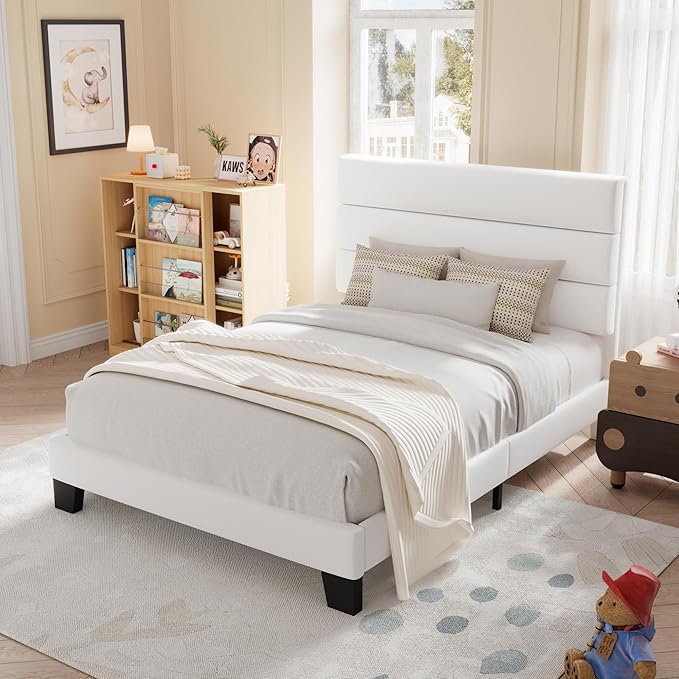 Allewie Twin Size Platform Bed Frame with Velvet Upholstered Headboard and Wooden Slats Support, Fully Upholstered Mattress Foundation/No Box Spring Needed/Easy Assembly, White