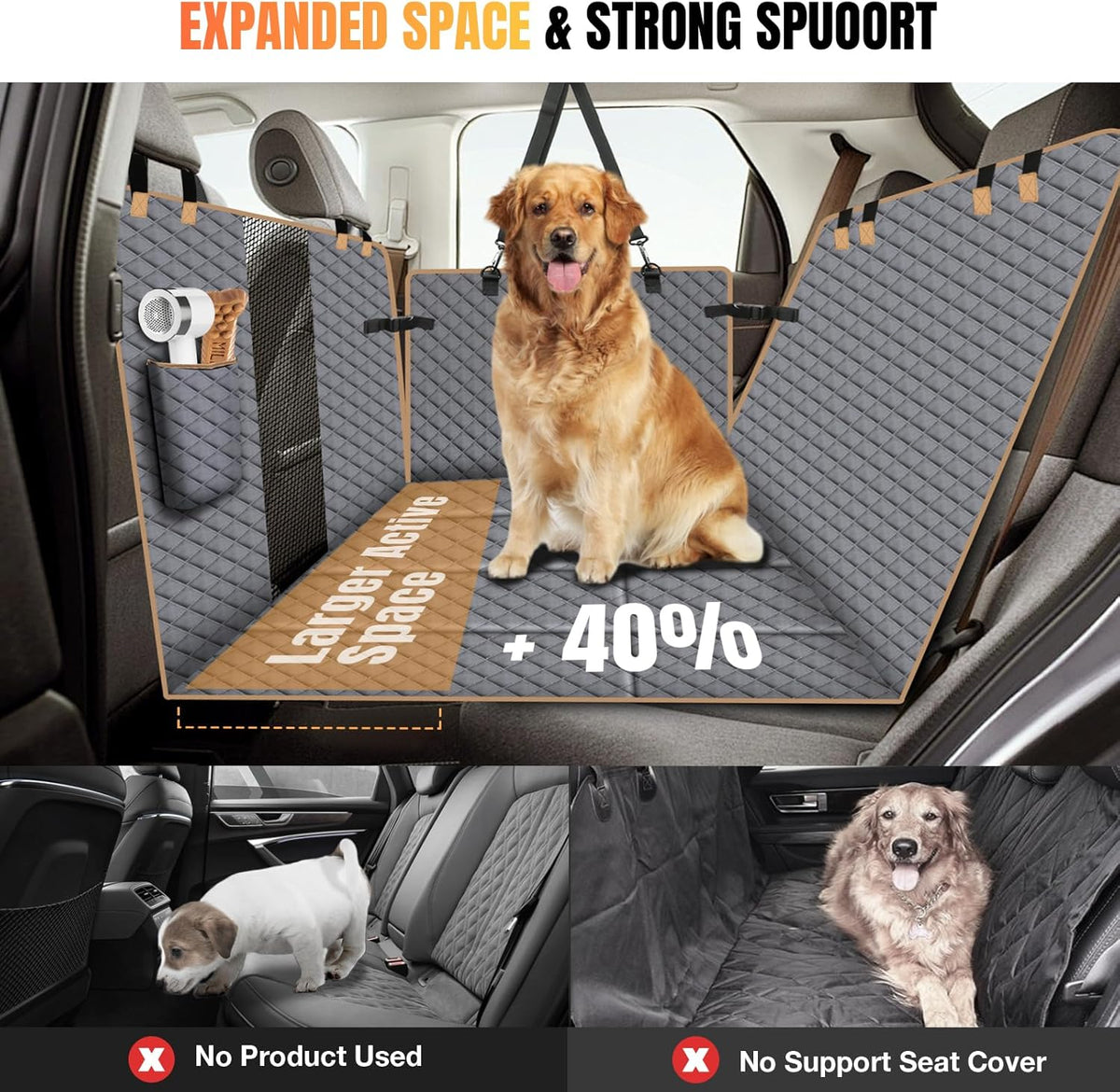 Dog Car Seat Cover for Back Seat, Dog Car Bed Cover with Strong Hard Bottom, Back Seat Extender Hammock for SUV Truck,4 Panels Gray Color