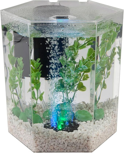 Tetra Bubbling LED Aquarium Kit 1 Gallon, Hexagon Shape, With Color-Changing Light Disc