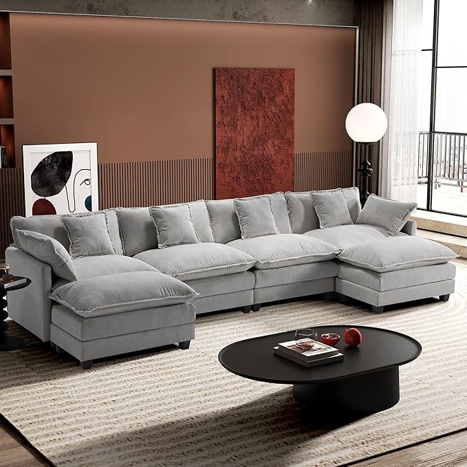 Ihanherry 146" U-Shaped Modern Sofa Modular Sectional Cloud Couch with 2 Ottoman, 6-Seat Chenille Deep Seat Sofa with 6 Pillows for Living Room, Bedroom and Apartment, Grey