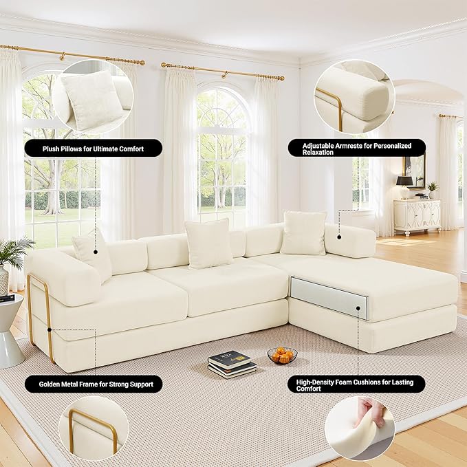 108" Oversized Convertible Sleeper Sofa Bed, Corduroy L Shape Sectional Couch, Folding Sofa Bed with Fixed-Shape Frame, Modern Cloud Floor Mattress Couch, Modular Sofa for Living Room, Beige