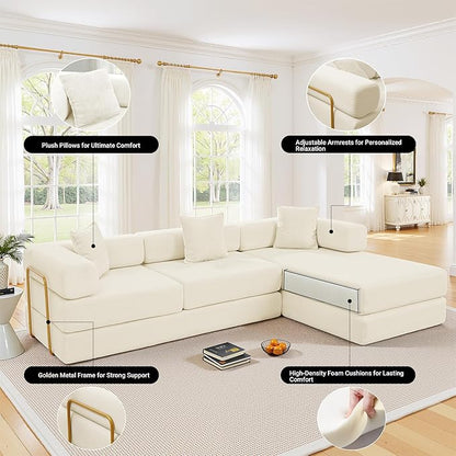 108" Oversized Convertible Sleeper Sofa Bed, Corduroy L Shape Sectional Couch, Folding Sofa Bed with Fixed-Shape Frame, Modern Cloud Floor Mattress Couch, Modular Sofa for Living Room, Beige