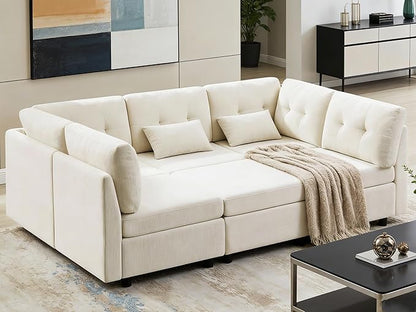 VANOMi 5 Seater Modular Sectional Sofa, Convertible Modular Cloud Sofa Bed with Ottoman, Comfy Chenille Sofas & Couches for Living Room, Apartment, Office, White, Sofa Bed