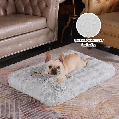 Bedfolks Plush Waterproof Dog Crate Bed, Removable Washable Cover, Faux Fur Kennel Pad, 29"x21", Grey