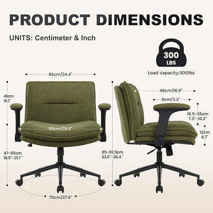 Criss Cross Legged Office Chair with Wheels and Flip-Up Arms, Ergonomic Wide Seat Desk Chair with Thick Padded, Height Adjustable Criss Cross Chairs for Home Office, Bedroom,Apartment,Vanity,Green