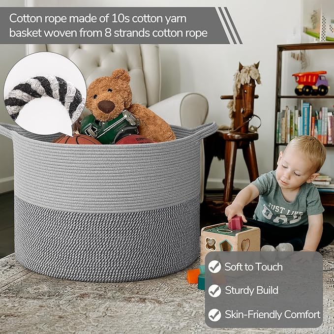 INDRESSME 115L Extra Large Blanket Basket, Cotton Rope Basket for Nursery Living Room, Decorative Woven Storage Baskets with Handles for Dirty Clothes, Toy Bin For Dog Toys, Grey